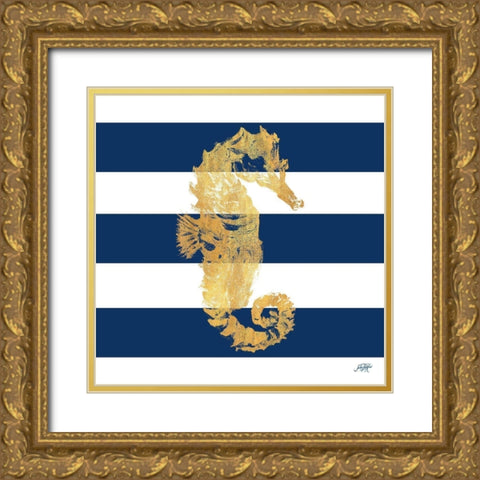 Gold Seahorse on Stripes I Gold Ornate Wood Framed Art Print with Double Matting by DeRice, Julie