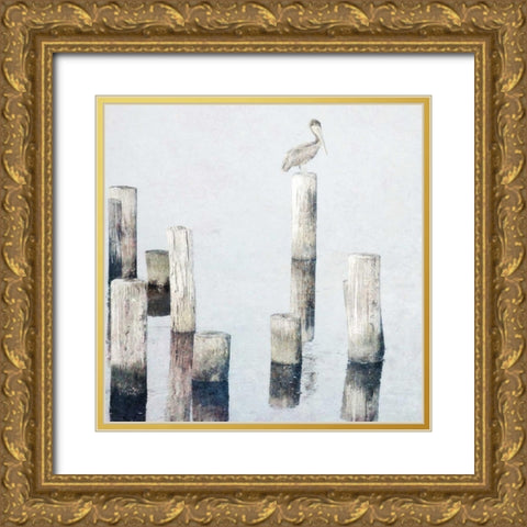 Perched Pelican Gold Ornate Wood Framed Art Print with Double Matting by Nawrocke, Bruce