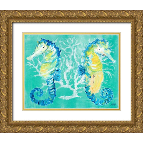 Seahorses on Coral Gold Ornate Wood Framed Art Print with Double Matting by DeRice, Julie
