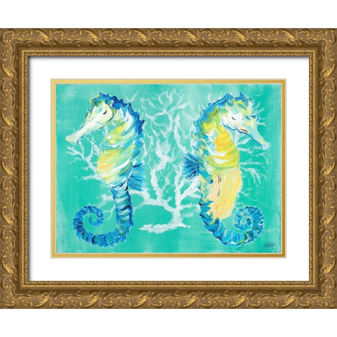 Seahorses on Coral Gold Ornate Wood Framed Art Print with Double Matting by DeRice, Julie