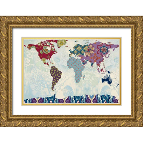 Patchwork World Map Gold Ornate Wood Framed Art Print with Double Matting by Loreth, Lanie