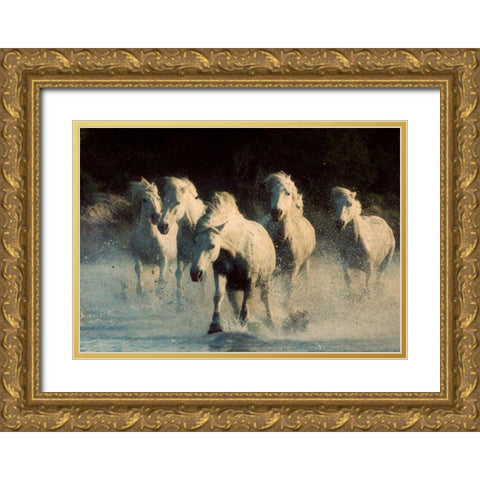 White Running Horses Gold Ornate Wood Framed Art Print with Double Matting by Walker, Carol
