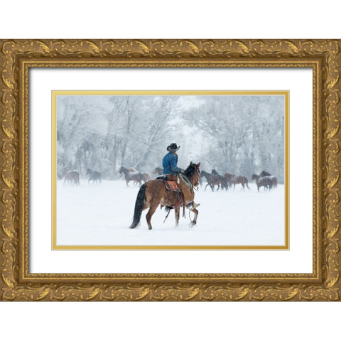 Wrangler In The Snow Gold Ornate Wood Framed Art Print with Double Matting by Walker, Carol