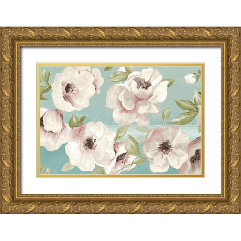 Blush Flowers on Teal Gold Ornate Wood Framed Art Print with Double Matting by Pinto, Patricia