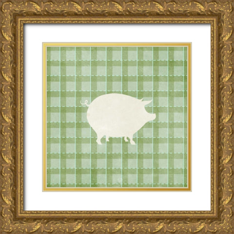 Farm Pig on Plaid Gold Ornate Wood Framed Art Print with Double Matting by Medley, Elizabeth