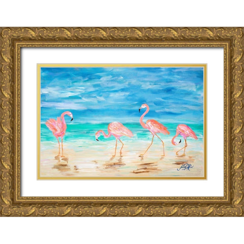 Flamingo Beach Gold Ornate Wood Framed Art Print with Double Matting by DeRice, Julie