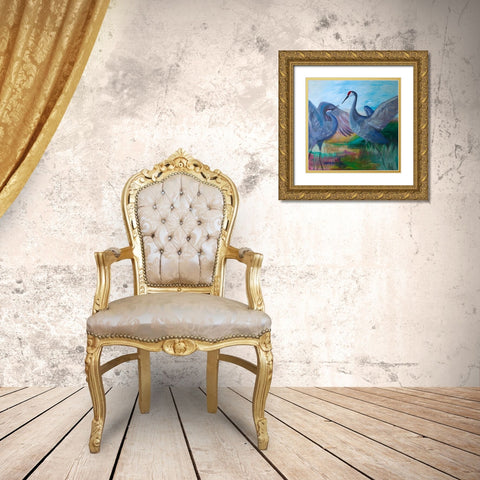 Sandhill Cranes Gold Ornate Wood Framed Art Print with Double Matting by Maria, Robin