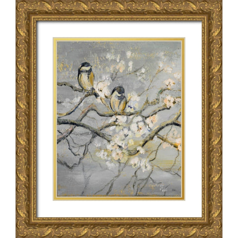 Gold and Gray Branch with Birds I Gold Ornate Wood Framed Art Print with Double Matting by Pinto, Patricia