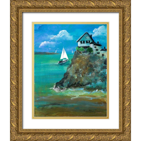 Home Over Looking the Sea Gold Ornate Wood Framed Art Print with Double Matting by Maria, Robin