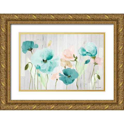 Teal Poppies on Wood Gold Ornate Wood Framed Art Print with Double Matting by Loreth, Lanie