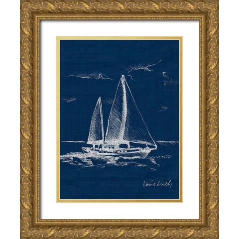 Sail Boat on Blue Burlap II Gold Ornate Wood Framed Art Print with Double Matting by Loreth, Lanie