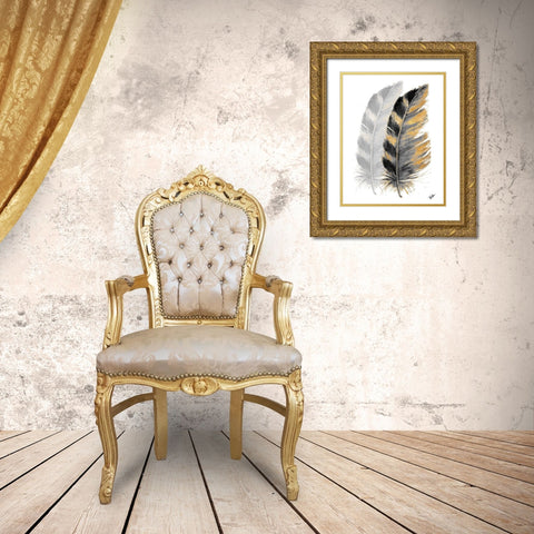 Two Watercolor Feathers Gold Ornate Wood Framed Art Print with Double Matting by Pinto, Patricia