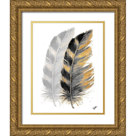 Two Watercolor Feathers Gold Ornate Wood Framed Art Print with Double Matting by Pinto, Patricia