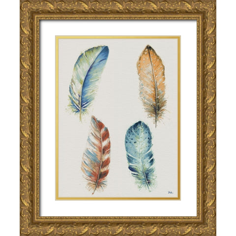 Four Colorful Feathers Gold Ornate Wood Framed Art Print with Double Matting by Pinto, Patricia