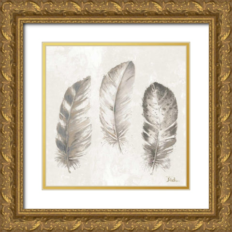 Three Modern Feathers I Gold Ornate Wood Framed Art Print with Double Matting by Pinto, Patricia