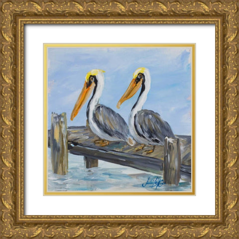 Pelicans On Deck Gold Ornate Wood Framed Art Print with Double Matting by DeRice, Julie