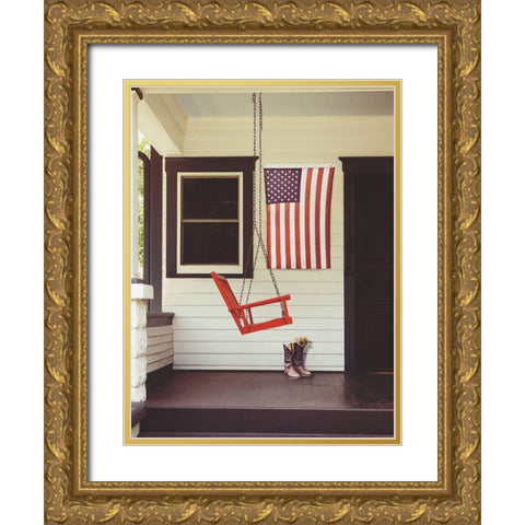 Patriotic Porch Gold Ornate Wood Framed Art Print with Double Matting by Peck, Gail