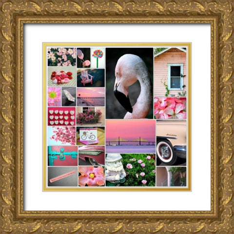 Pink Flamingo Collage Gold Ornate Wood Framed Art Print with Double Matting by Peck, Gail