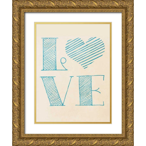 Love Blue Heart Gold Ornate Wood Framed Art Print with Double Matting by SD Graphics Studio