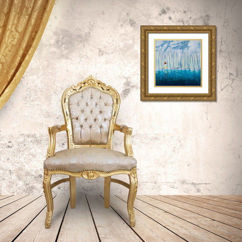 Dozen Blue Sailboats Gold Ornate Wood Framed Art Print with Double Matting by Meneely, Dan