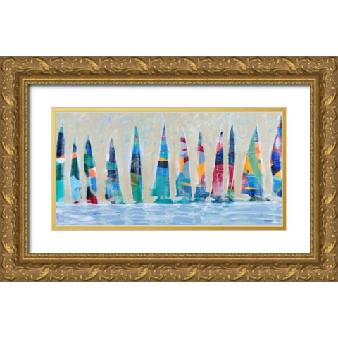 Dozen Colorful Boats Panel Gold Ornate Wood Framed Art Print with Double Matting by Meneely, Dan