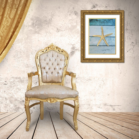 Shell on Blue Wood I Gold Ornate Wood Framed Art Print with Double Matting by Rodriguez, Jairo