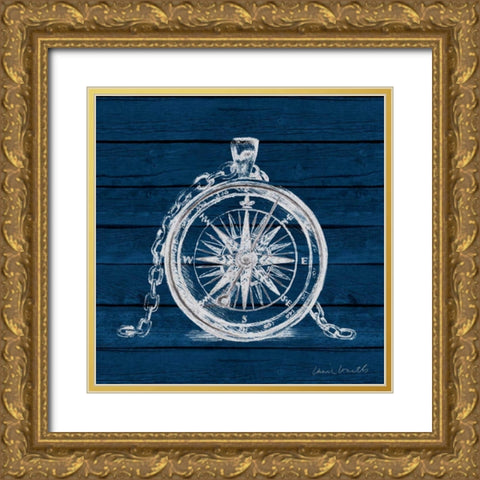 Compass on Blue Wood Gold Ornate Wood Framed Art Print with Double Matting by Loreth, Lanie