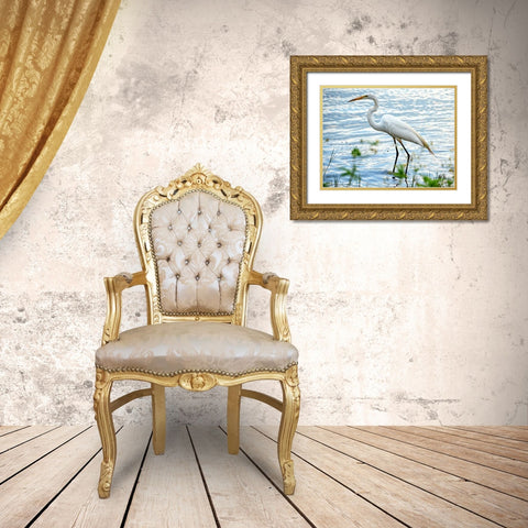 By The Lake Egret Gold Ornate Wood Framed Art Print with Double Matting by Nawrocke, Bruce