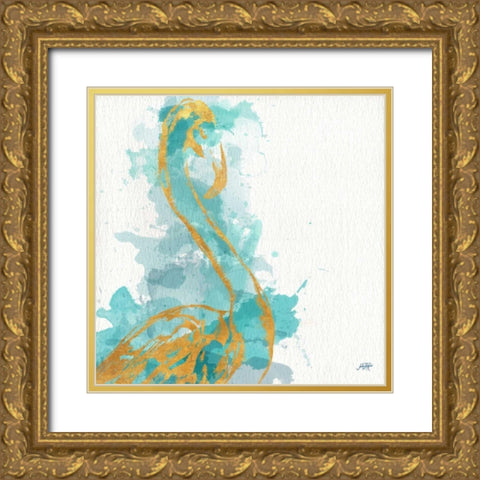 Fancy Watercolor Flamingo Gold Ornate Wood Framed Art Print with Double Matting by DeRice, Julie