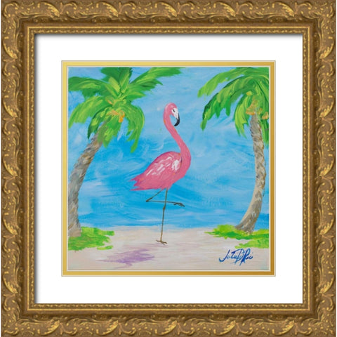 Fancy Flamingos I Gold Ornate Wood Framed Art Print with Double Matting by DeRice, Julie