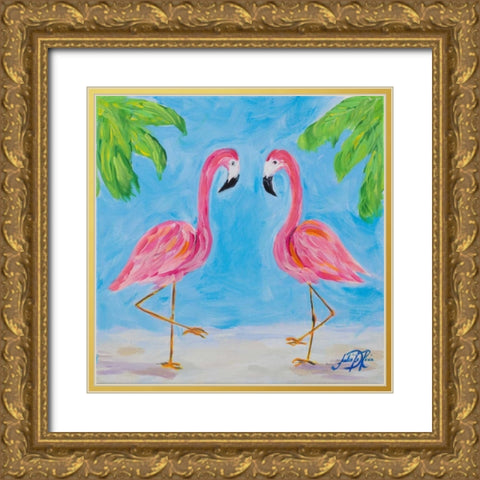 Fancy Flamingos III Gold Ornate Wood Framed Art Print with Double Matting by DeRice, Julie