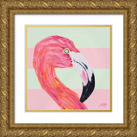 Flamingo on Stripes I Gold Ornate Wood Framed Art Print with Double Matting by DeRice, Julie