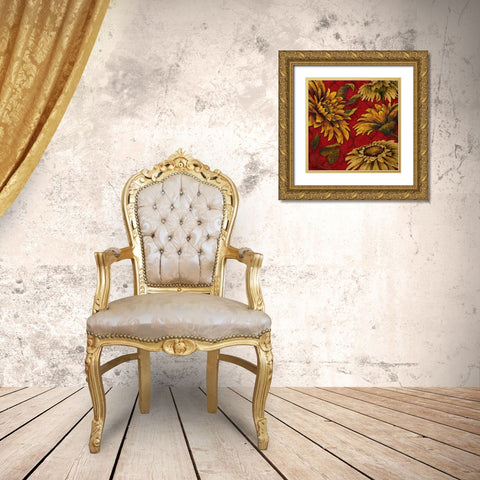 Yellow Floral on Red I Gold Ornate Wood Framed Art Print with Double Matting by Medley, Elizabeth