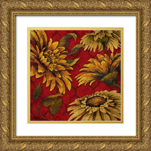 Yellow Floral on Red I Gold Ornate Wood Framed Art Print with Double Matting by Medley, Elizabeth