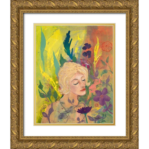 Woman in the Garden Gold Ornate Wood Framed Art Print with Double Matting by Maria, Robin