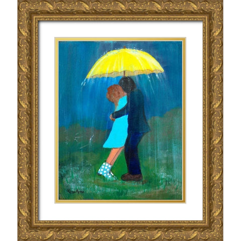 Kissing Under the Yellow Umbrella Gold Ornate Wood Framed Art Print with Double Matting by Maria, Robin