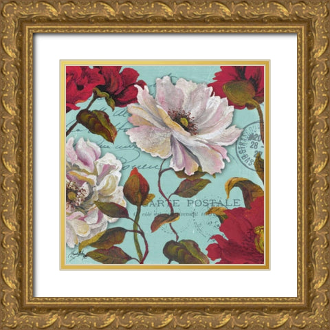 Paris Aqua Flowers II Gold Ornate Wood Framed Art Print with Double Matting by Medley, Elizabeth