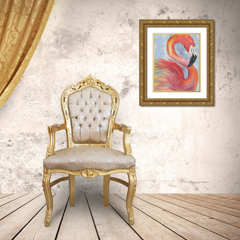Tropical Flamingo Gold Ornate Wood Framed Art Print with Double Matting by Medley, Elizabeth