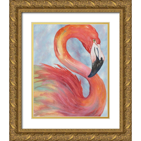 Tropical Flamingo Gold Ornate Wood Framed Art Print with Double Matting by Medley, Elizabeth