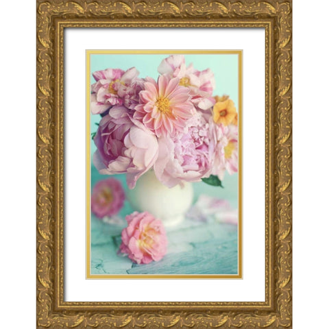 Peonies On Teal Gold Ornate Wood Framed Art Print with Double Matting by Gardner, Sarah