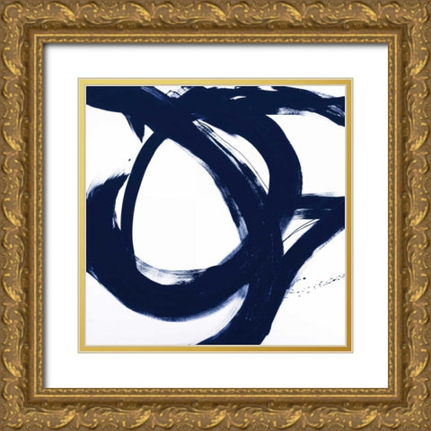 Navy Circular Strokes I Gold Ornate Wood Framed Art Print with Double Matting by Morris, Megan