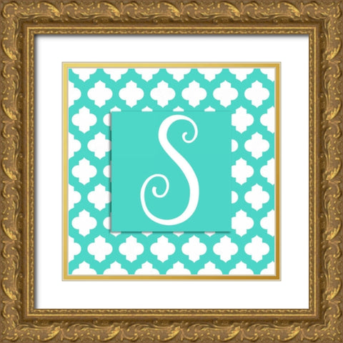 Teal Quatrefoil Monogram (S) Gold Ornate Wood Framed Art Print with Double Matting by Pinto, Patricia