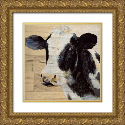 Cow On Wood Gold Ornate Wood Framed Art Print with Double Matting by Loreth, Lanie