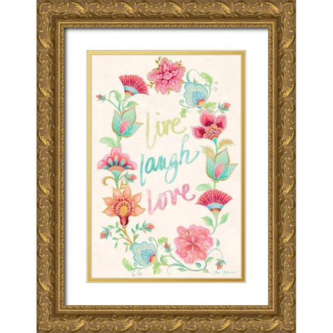 Live Laugh Love Wreath Gold Ornate Wood Framed Art Print with Double Matting by Gaynor, Janice