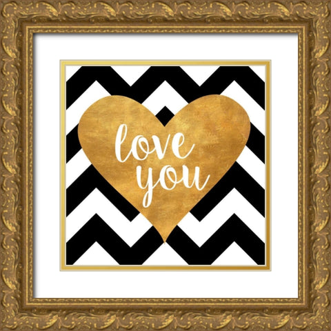 Gold Chevron Hearts Square I Gold Ornate Wood Framed Art Print with Double Matting by SD Graphics Studio