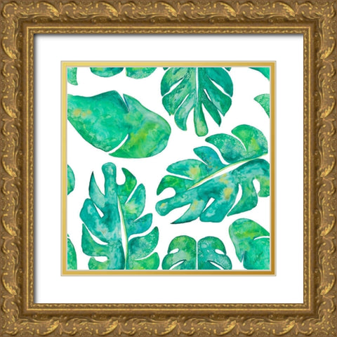 Aqua Leaves On White Gold Ornate Wood Framed Art Print with Double Matting by Papa, Kat