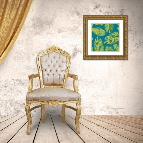 Leaves On Teal Gold Ornate Wood Framed Art Print with Double Matting by Papa, Kat