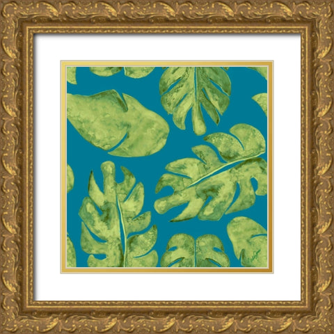 Leaves On Teal Gold Ornate Wood Framed Art Print with Double Matting by Papa, Kat