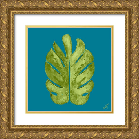 Leaf On Teal I Gold Ornate Wood Framed Art Print with Double Matting by Papa, Kat