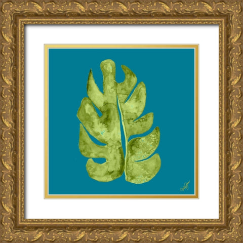 Leaf On Teal II Gold Ornate Wood Framed Art Print with Double Matting by Papa, Kat